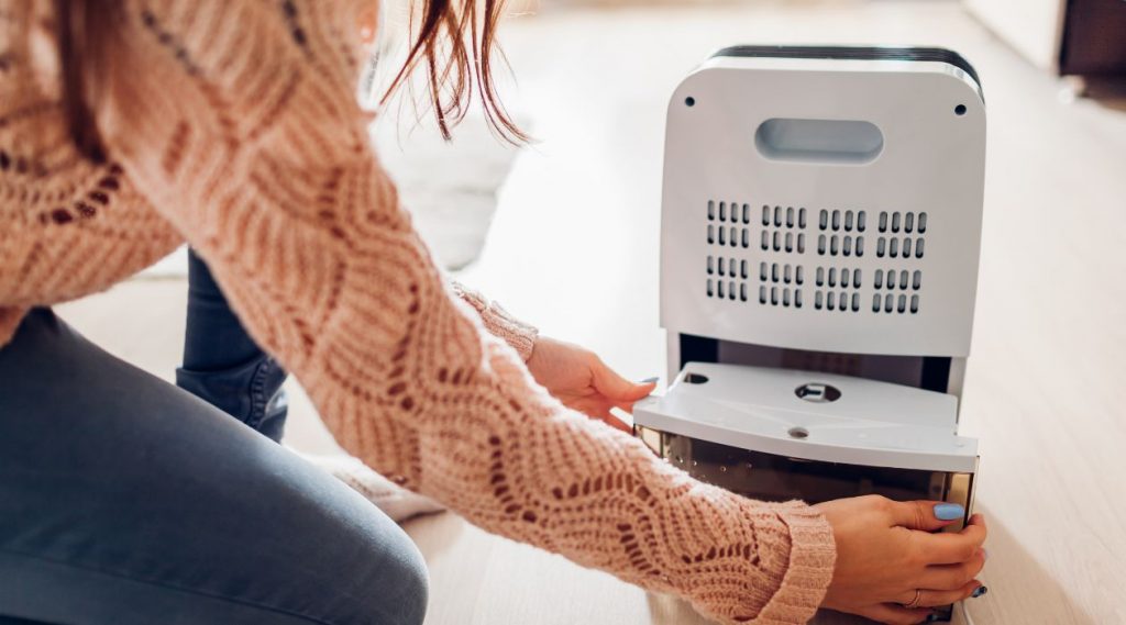 woman emptying the tank of a dehumidifier