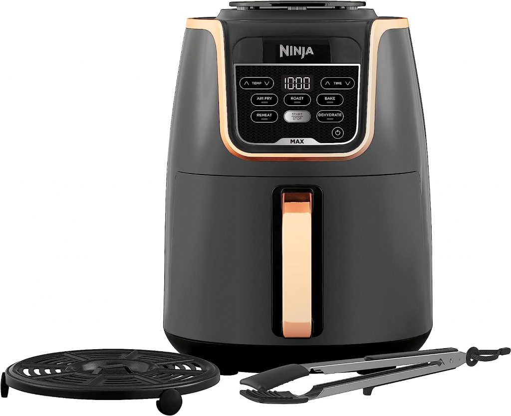 Ninja Air Fryer MAX + Tongs, 5.2 L, 1750 W, 5-in-1, No Oil, Air Fry, Roast, Bake, Reheat, Dehydrate, Family Size, Non-Stick, Dishwasher Safe Basket, Amazon Exclusive, Copper/Black, AF150UKCP

Kitchen Must Have