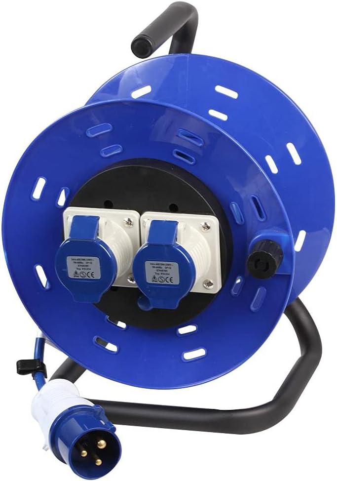 Ex-Pro 2 Gang Open Reel Drum with 25m Extension Cable, 240V 16A, 3 Pin Hook Up EN60309 Plug Socket for Caravan Site Camping Motorhome Marina, Blue