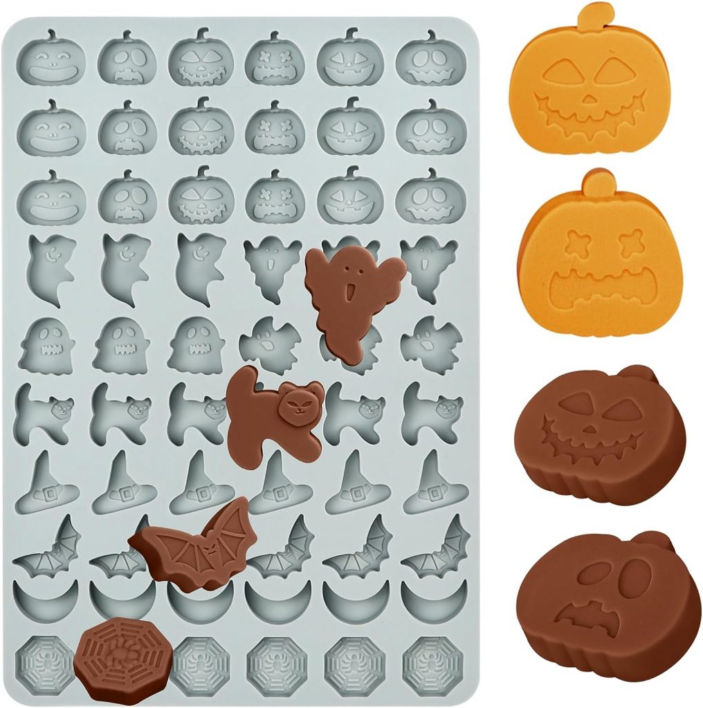 Halloween Pumpkin Chocolate Moulds 60-Cavity Silicone Ghost Witch Hat Bat Spider Web Gummy Fondant Moulds Cupcake Cake Decorating Candy Cookies Dessert Tray Baking Mold for Halloween Party Supplies