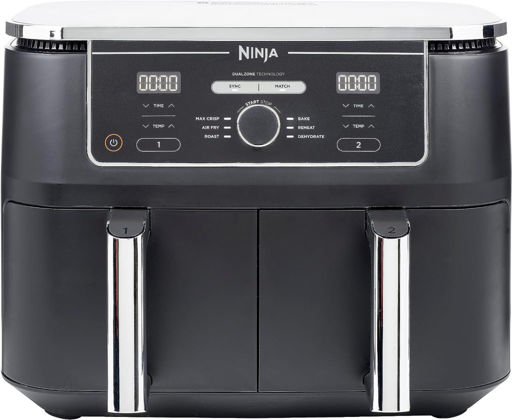 Ninja Foodi MAX Dual Zone Digital Air Fryer, 2 Drawers, 9.5L, 6-in-1, Uses No Oil, Air Fry, Max Crisp, Roast, Bake, Reheat, Dehydrate, Cook 8 Portions, Non-Stick Dishwasher Safe Baskets, Black AF400UK 

Kitchen Appliances